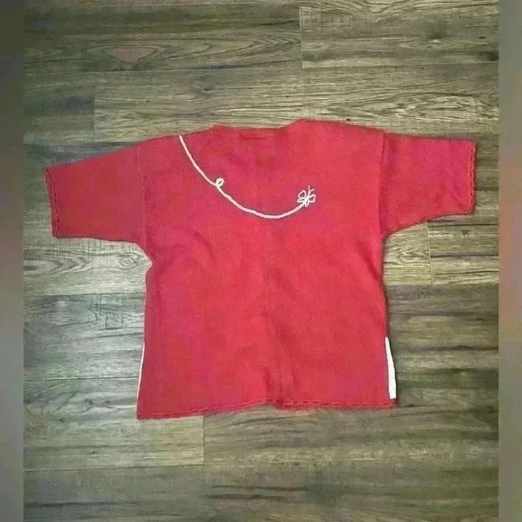 Red White Vintage Embroidered Gingham Cardigan Sweater Cottagecore Floral - Picture 2 of 6